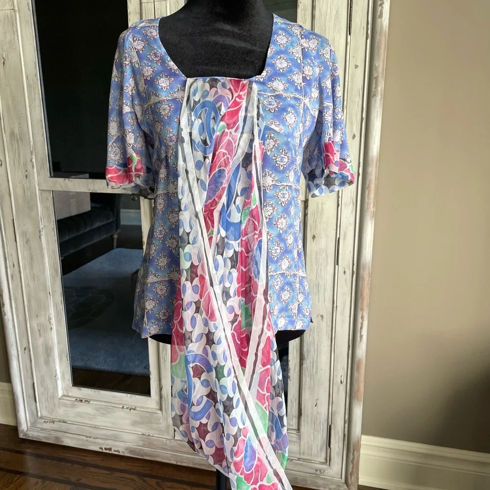 Chanel 15c silk blouse blue scarf logo shirt sz 34